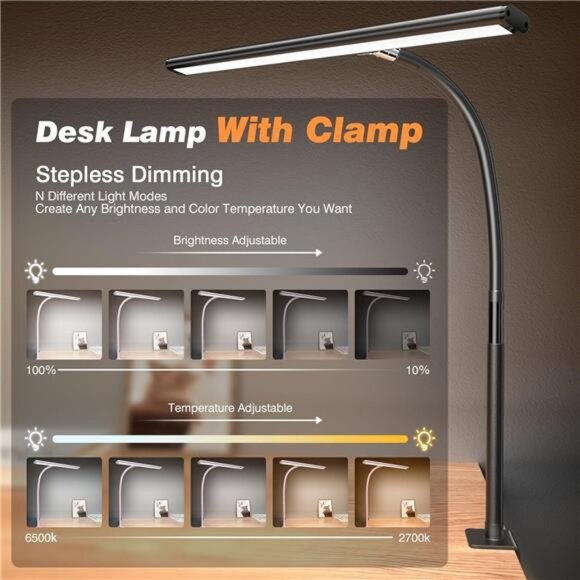 LED Desk Lamp for Office Home, Eye-Caring Desk Light with Stepless Dimming - Picture 2 of 7
